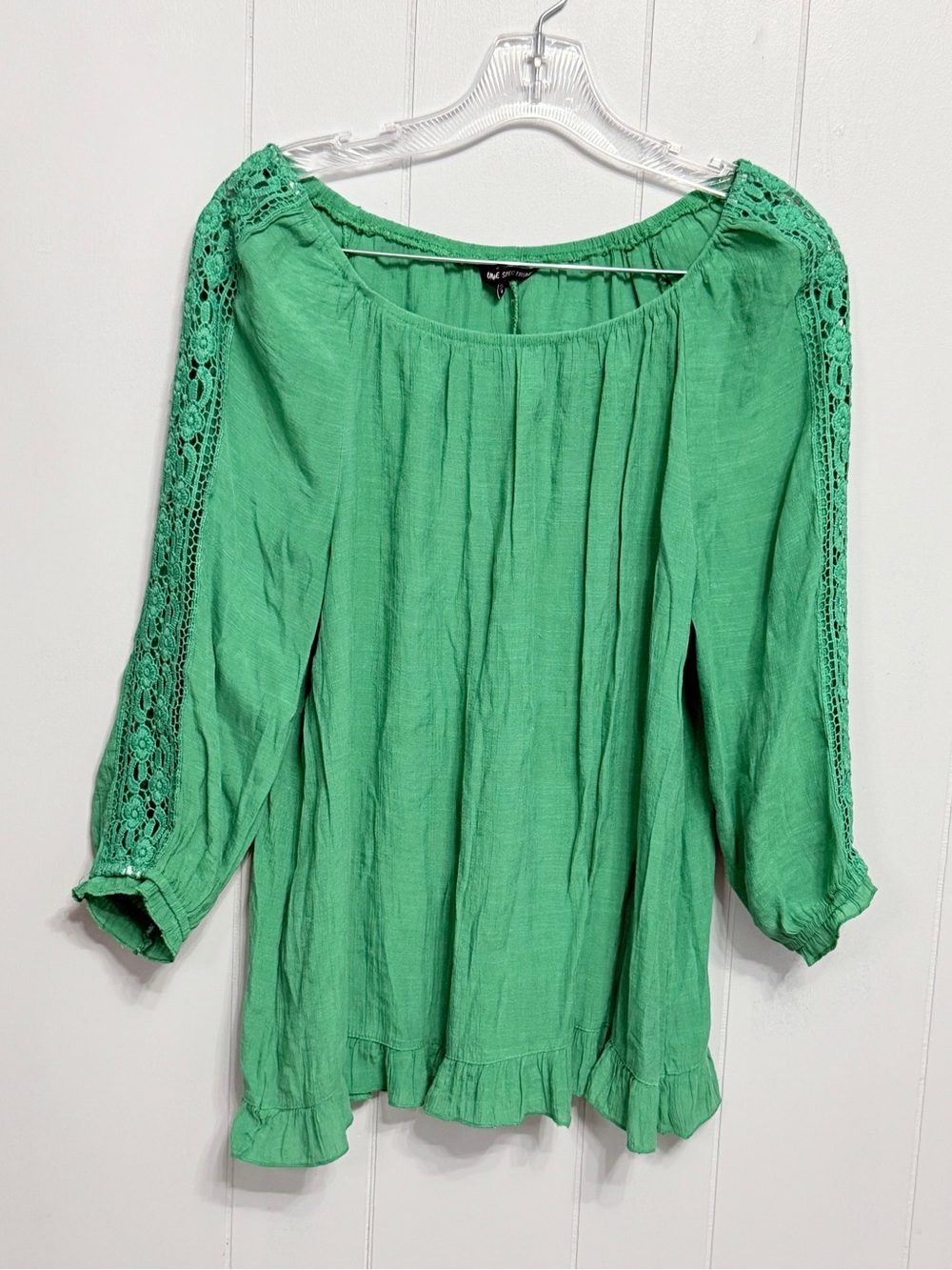 #12) Unique Spectrum Green Crochet-Sleeve Peasant Blouse